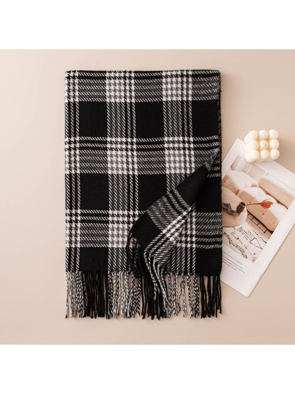 Black plaid scarf with white and gray lines and long fringe