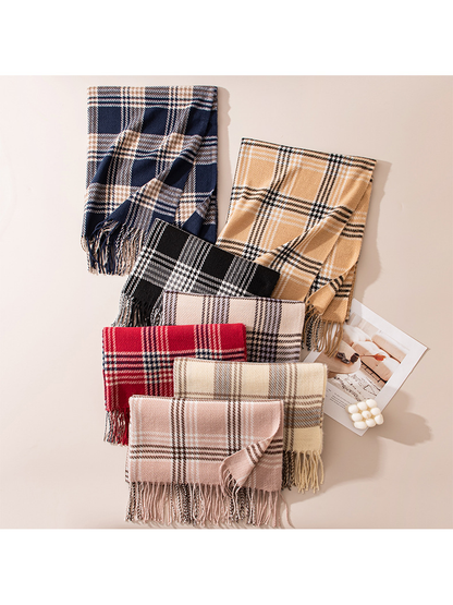 Seven plaid scarves arranged to show their color and pattern variations