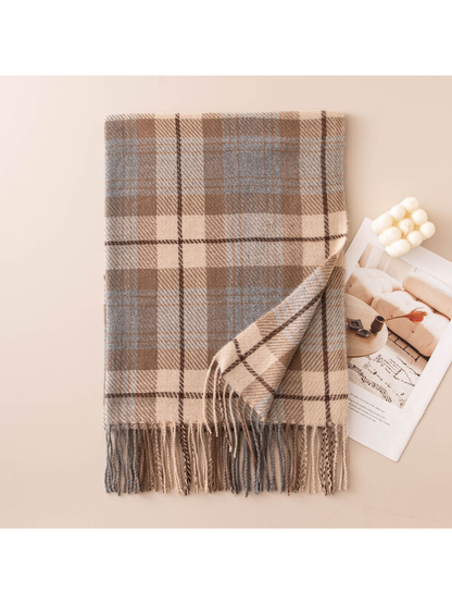 Blue, camel and beige plaid scarf with fringed edge