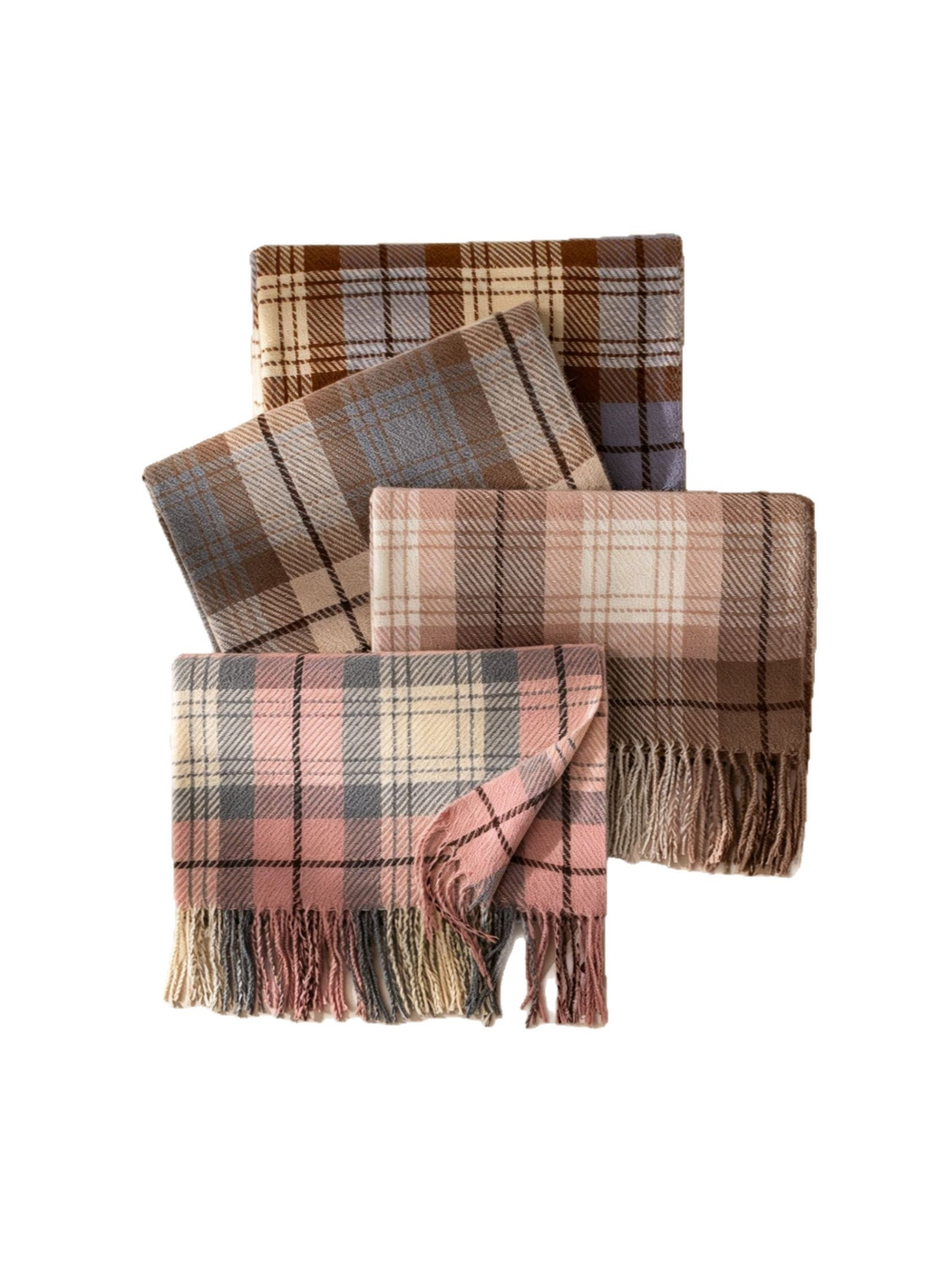 Four folded plaid scarves displayed on a white background