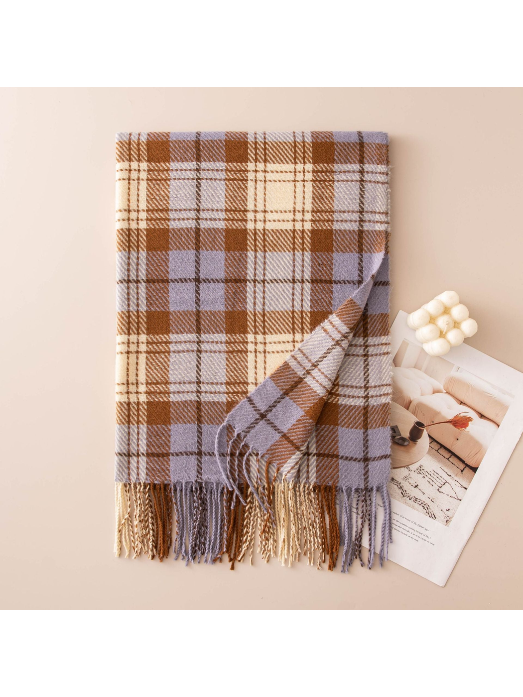 Brown, light purple and cream plaid scarf with fringe
