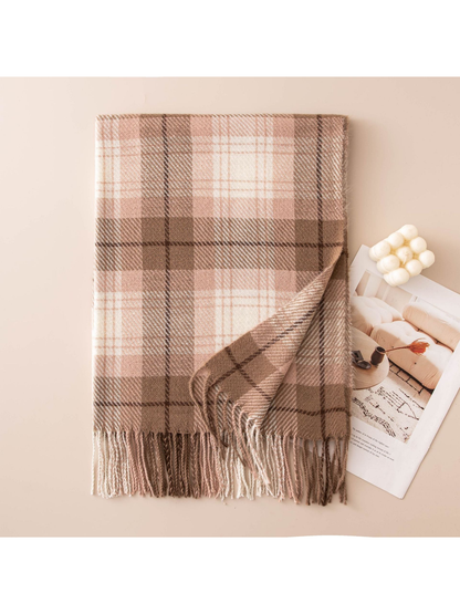 Blush pink, brown and cream plaid scarf with fringe