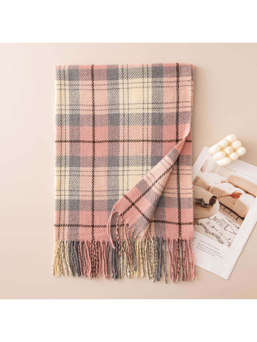 Pink, gray and ivory plaid scarf with fringed edge
