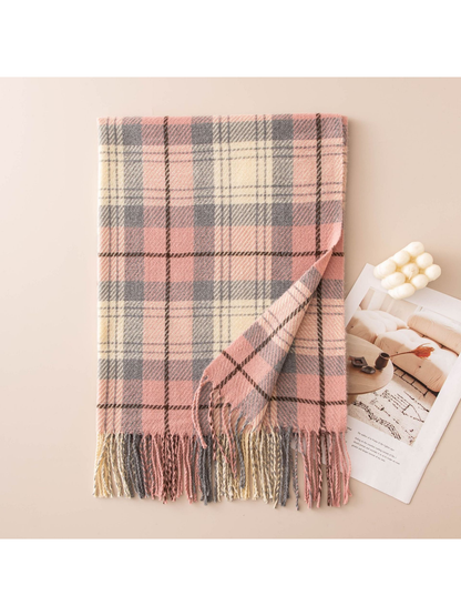 Pink, gray and ivory plaid scarf with fringed edge