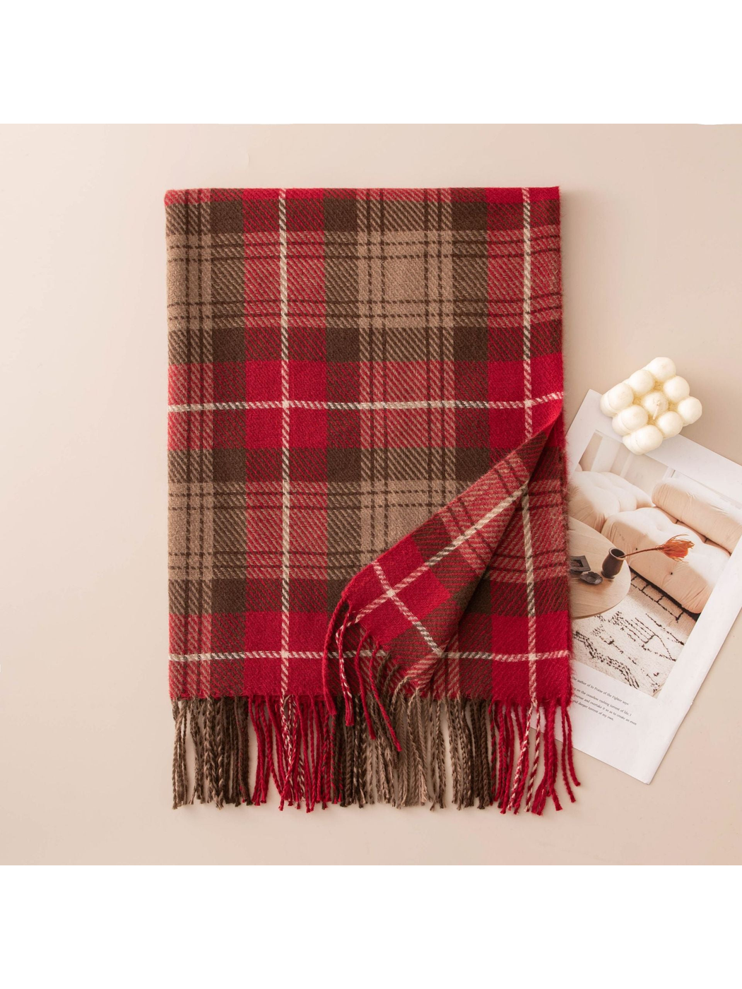 Red, brown and beige plaid scarf with fringe
