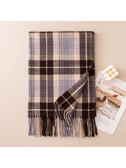Black, light purple and ivory plaid scarf with fringe