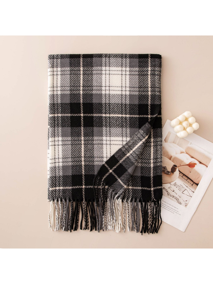 Black, gray and white plaid scarf with fringed edge