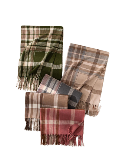 Five plaid fringe scarf colorways arranged on a white background