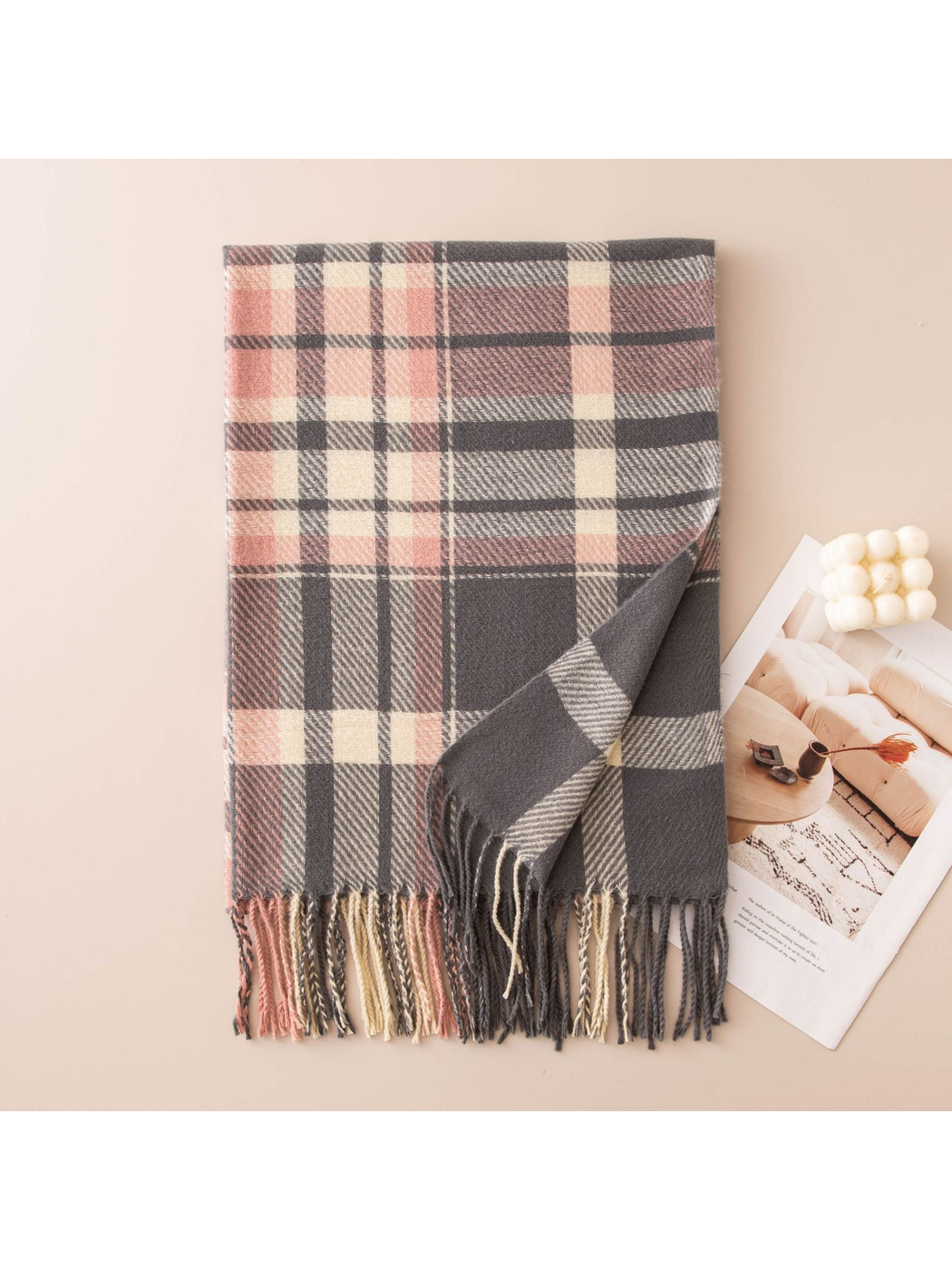 Gray, pink and ivory plaid fringe scarf, folded view