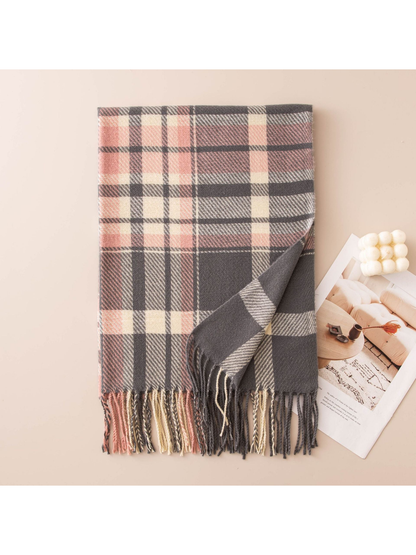 Gray, pink and ivory plaid fringe scarf, folded view