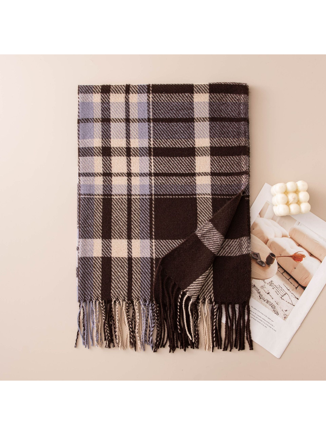 Dark brown, light blue and ivory plaid fringe scarf, folded view