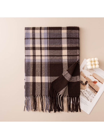 Dark brown, light blue and ivory plaid fringe scarf, folded view