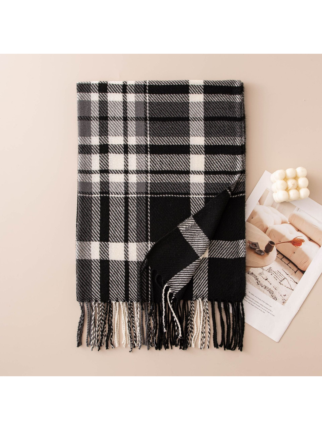 Black and white plaid fringe scarf, folded view