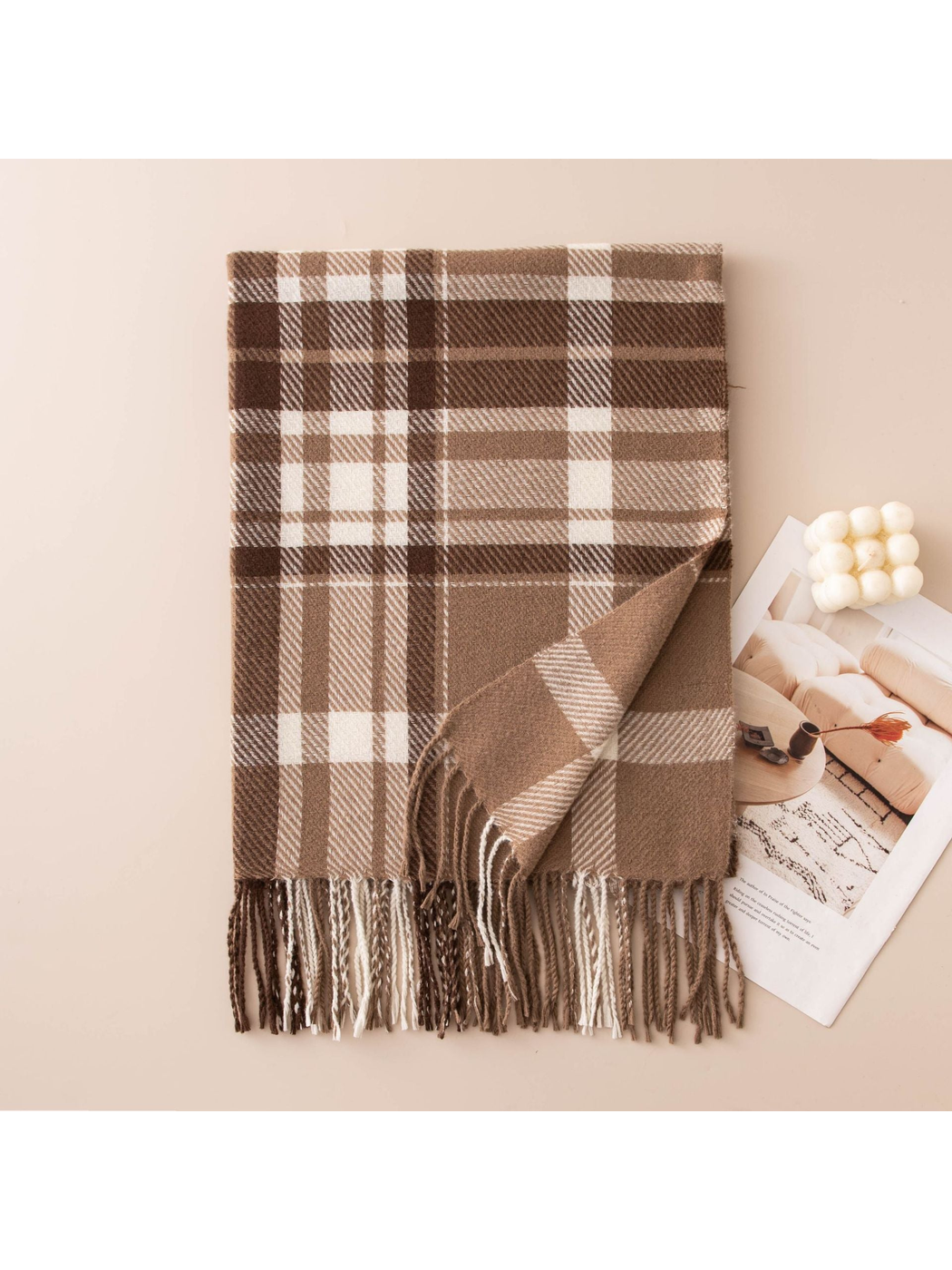 Camel and ivory plaid fringe scarf, folded view