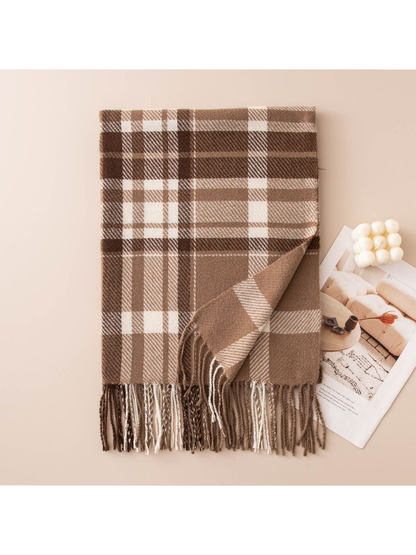 Camel and ivory plaid fringe scarf, folded view