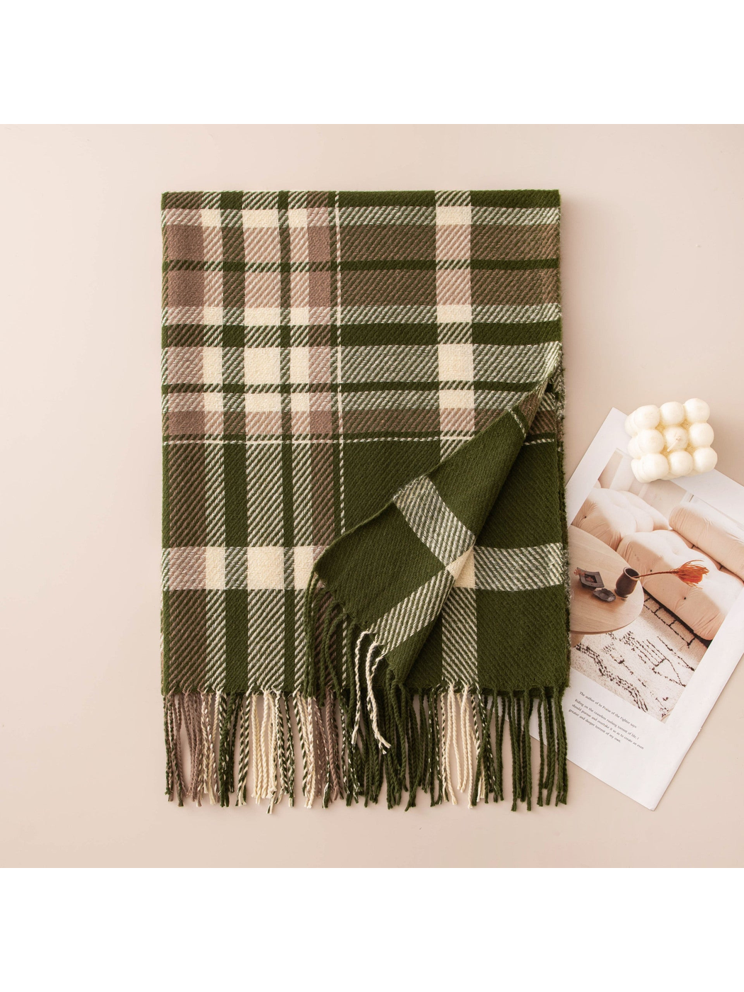 Army green, ivory and beige plaid fringe scarf, folded view