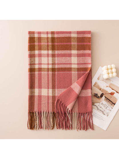 Rose pink, brown and ivory plaid fringe scarf, folded view