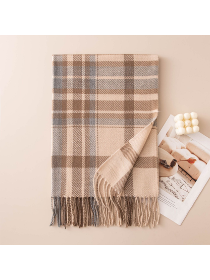 Beige, gray blue and brown plaid fringe scarf, folded view