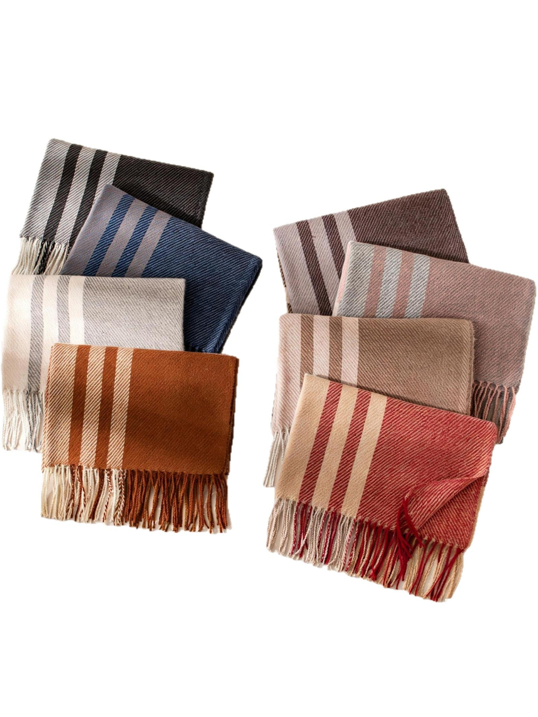 Eight plaid scarf colors displayed together with fringed ends