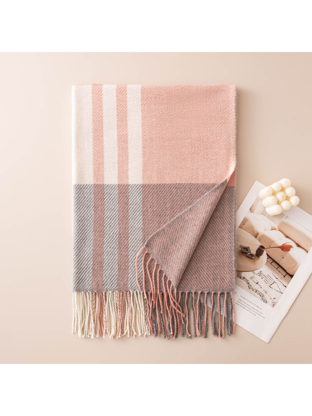 Blush pink and gray plaid scarf with contrasting stripes and fringe