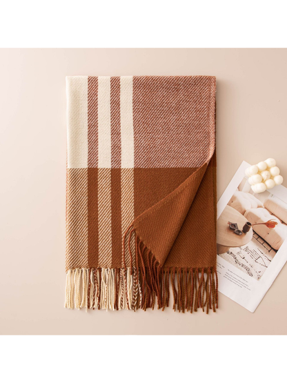 Rust orange and cream plaid scarf with contrasting stripes and fringe