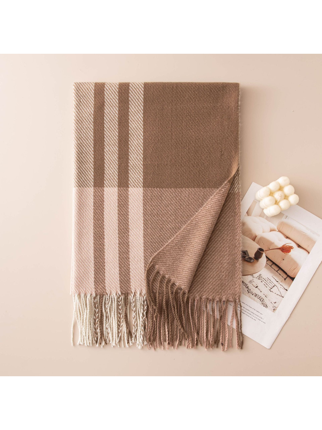 Beige and taupe plaid scarf with contrasting stripes and fringe