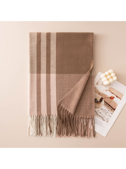 Beige and taupe plaid scarf with contrasting stripes and fringe
