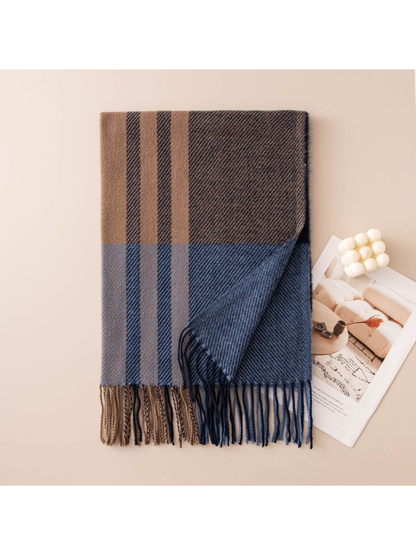 Navy blue and brown plaid scarf with contrasting stripes and fringe