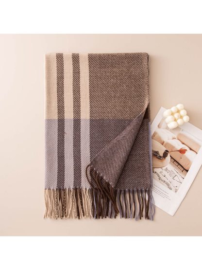 Coffee brown and muted blue plaid scarf with contrasting stripes and fringe