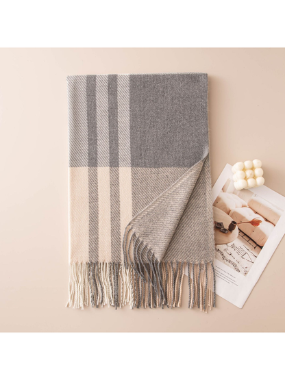 Light gray and cream plaid scarf with contrasting stripes and fringe