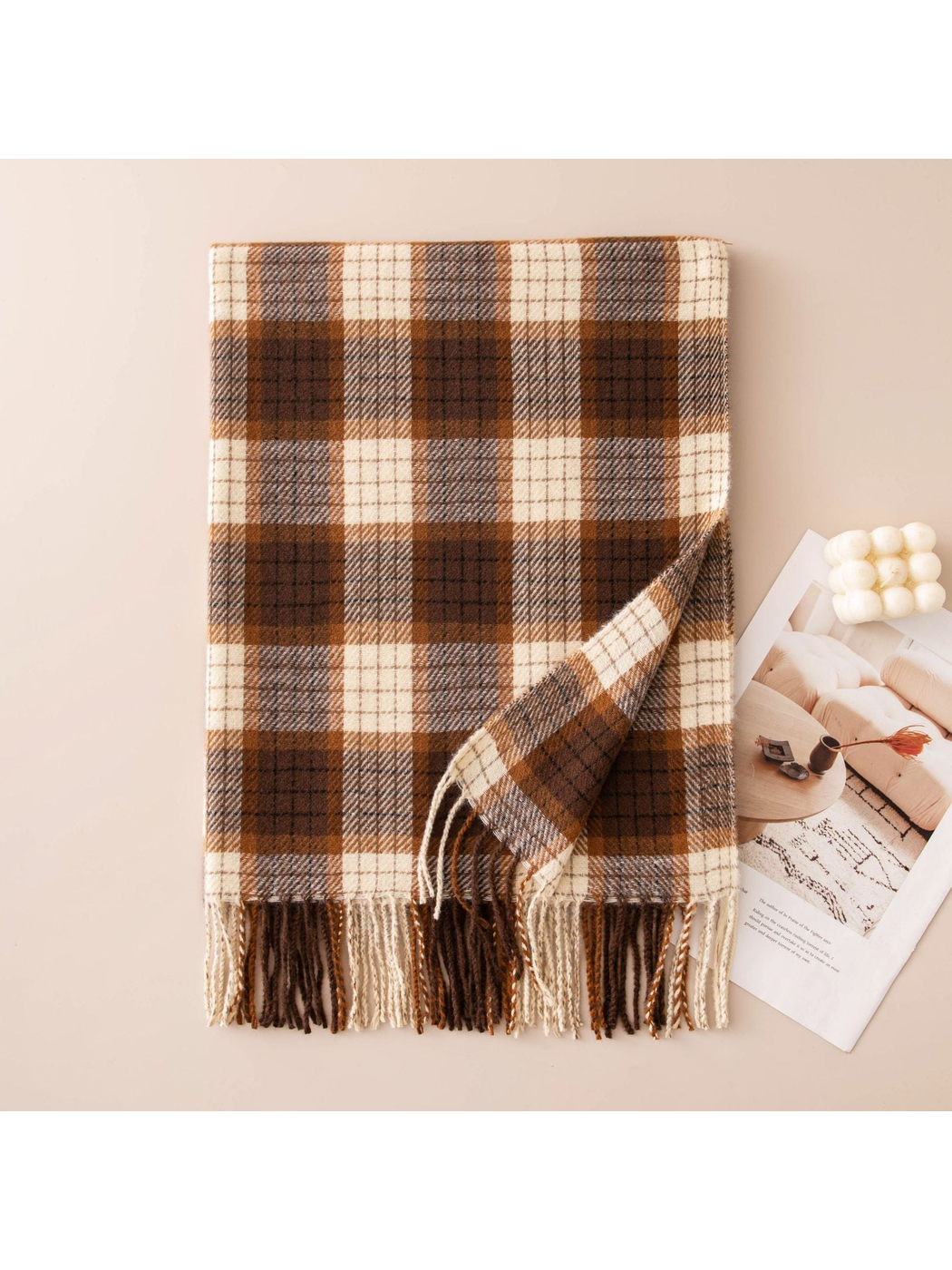 Caramel, ivory and gray plaid scarf with fringed ends