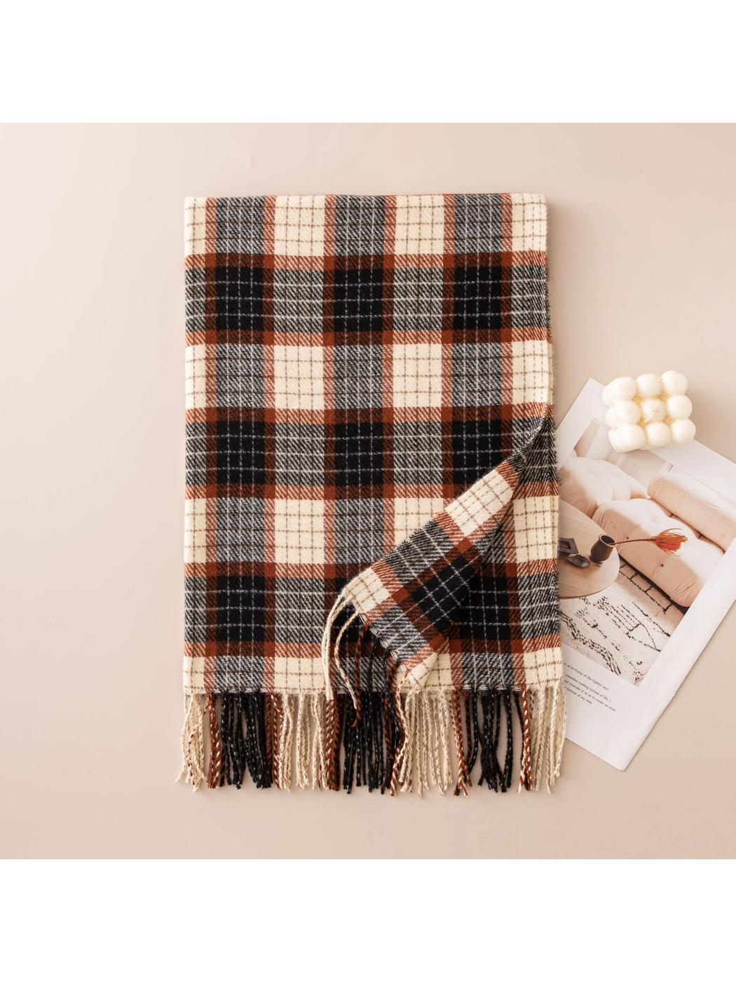 Rust, black and ivory plaid scarf with fringed ends