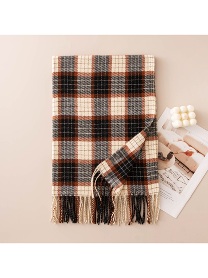 Rust, black and ivory plaid scarf with fringed ends