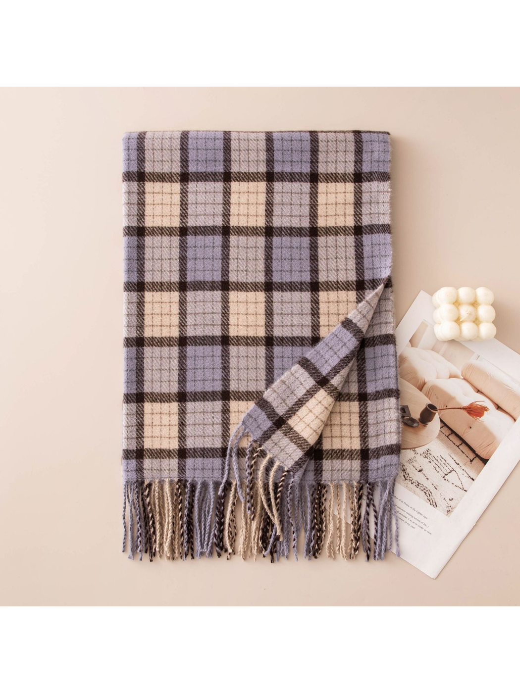 Gray-blue, cream and brown plaid scarf with fringed ends
