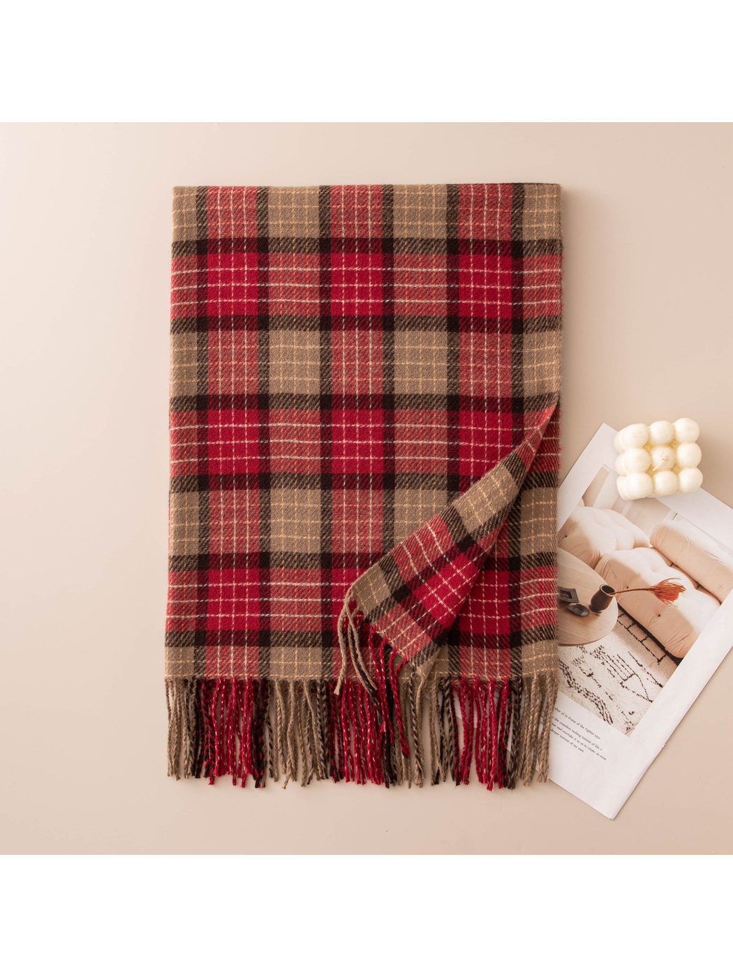Red and camel plaid scarf with fringed ends