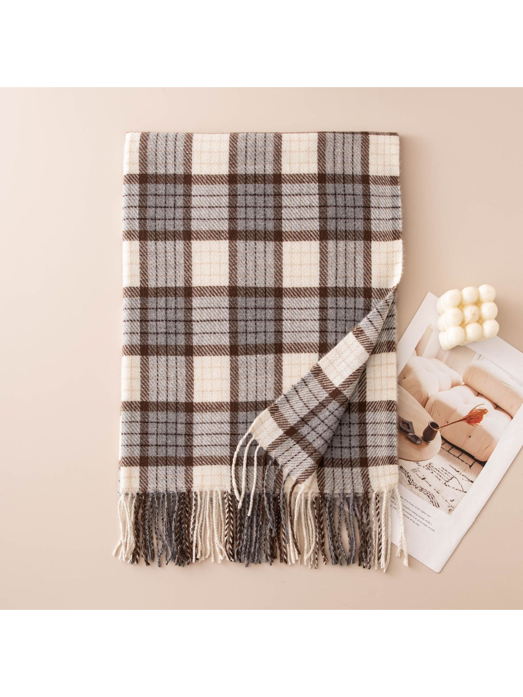 Cream, light gray and brown plaid scarf with fringed ends