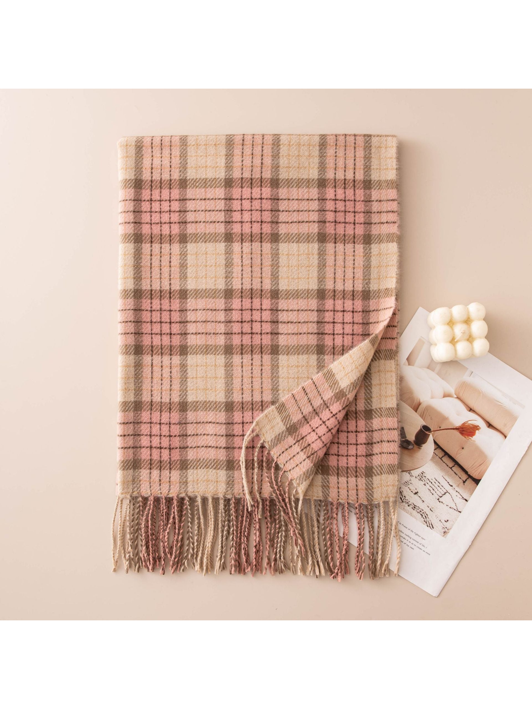 Blush pink, cream and taupe plaid scarf with fringed ends