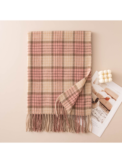 Blush pink, cream and taupe plaid scarf with fringed ends