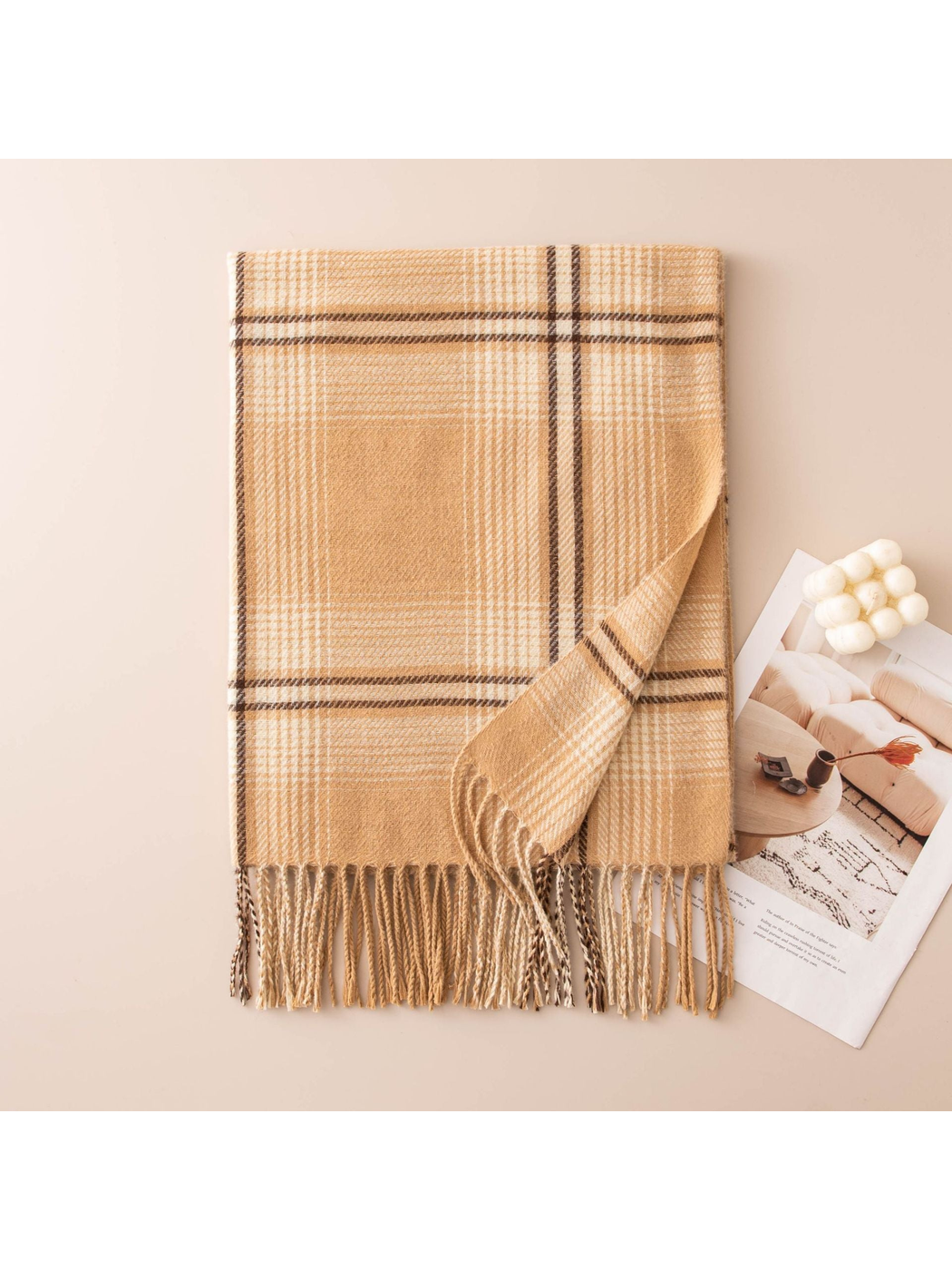 Camel plaid scarf with twisted fringe, folded flat view