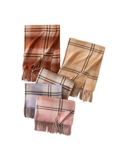 Five plaid scarf colors arranged on a white background
