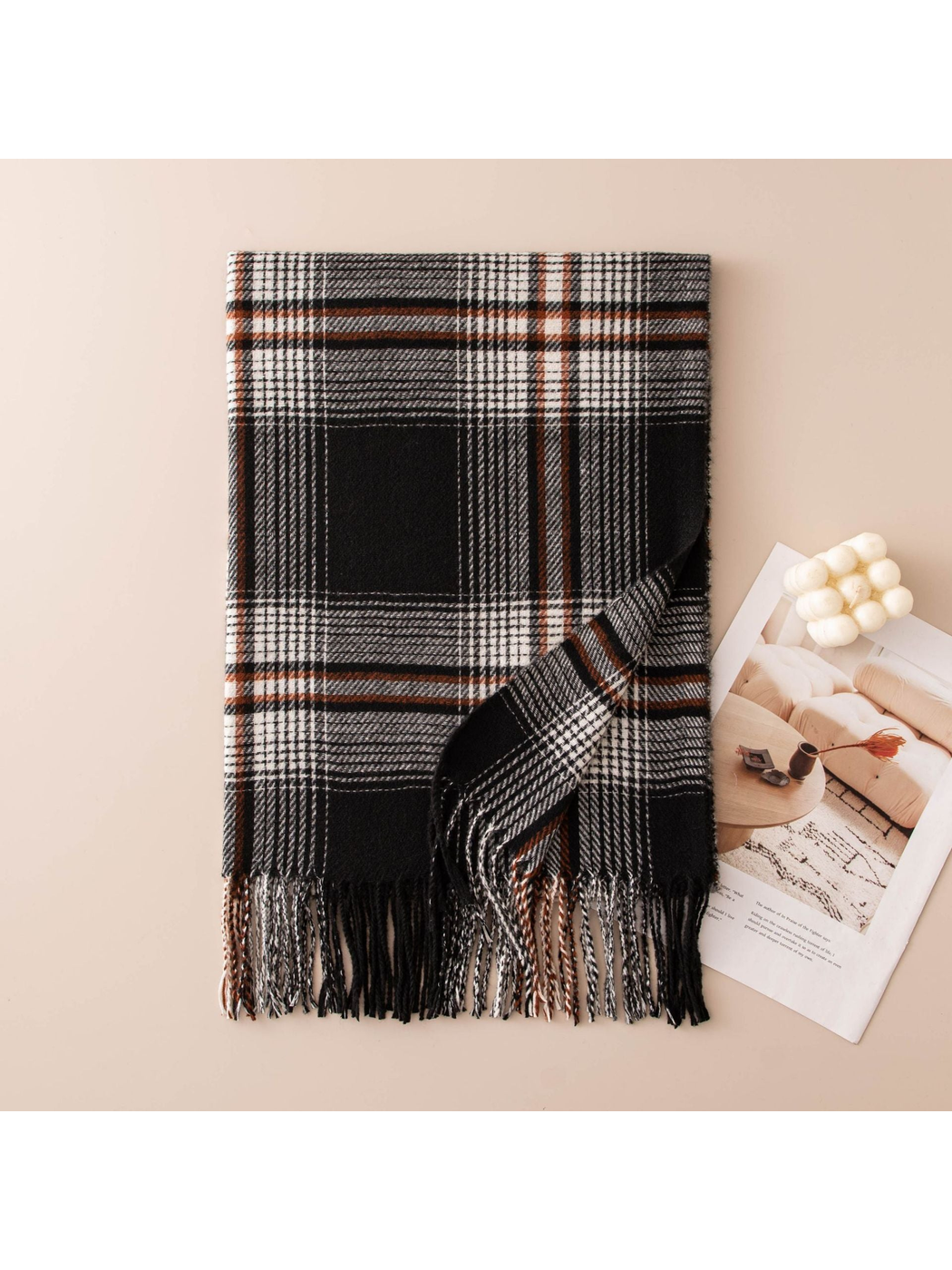 Black plaid scarf with twisted fringe, folded flat view
