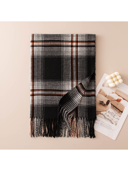 Black plaid scarf with twisted fringe, folded flat view