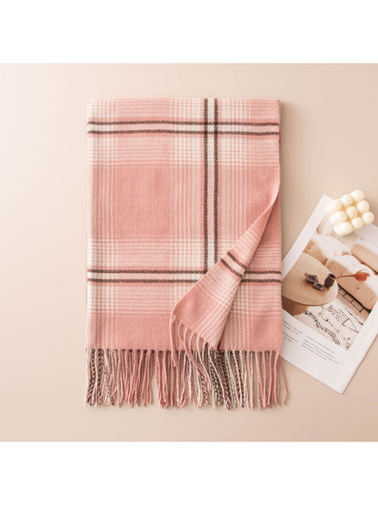 Blush pink plaid scarf with twisted fringe, folded flat view