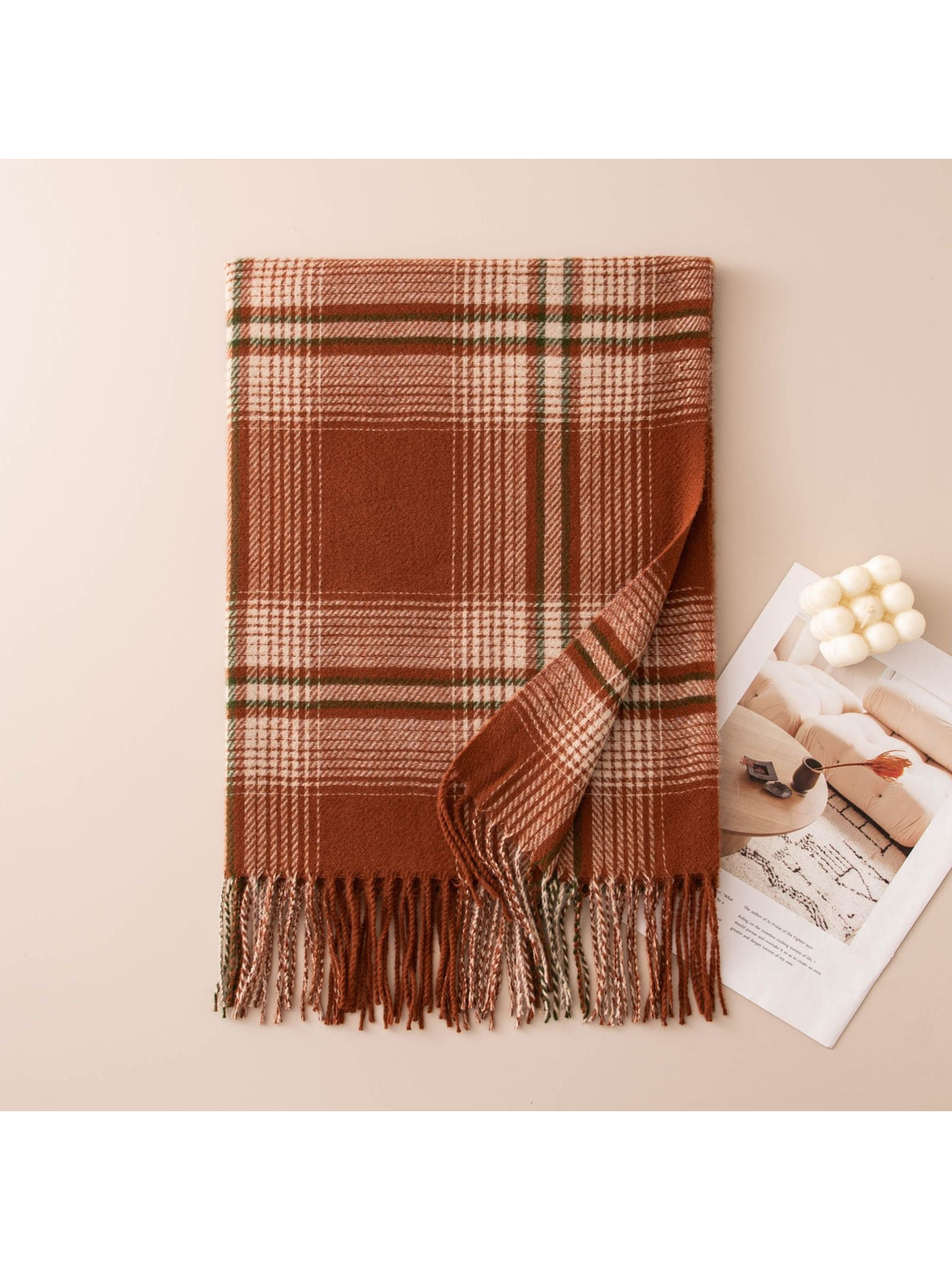 Caramel plaid scarf with twisted fringe, folded flat view