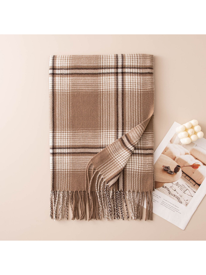Light coffee plaid scarf with twisted fringe, folded flat view