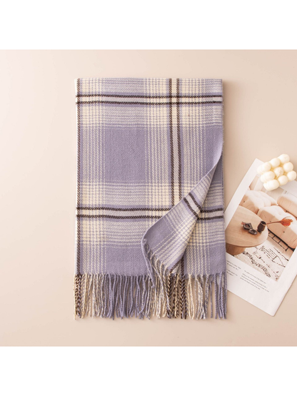 Light purple plaid scarf with twisted fringe, folded flat view