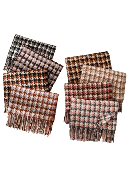 Eight houndstooth scarves in assorted colors displayed on white