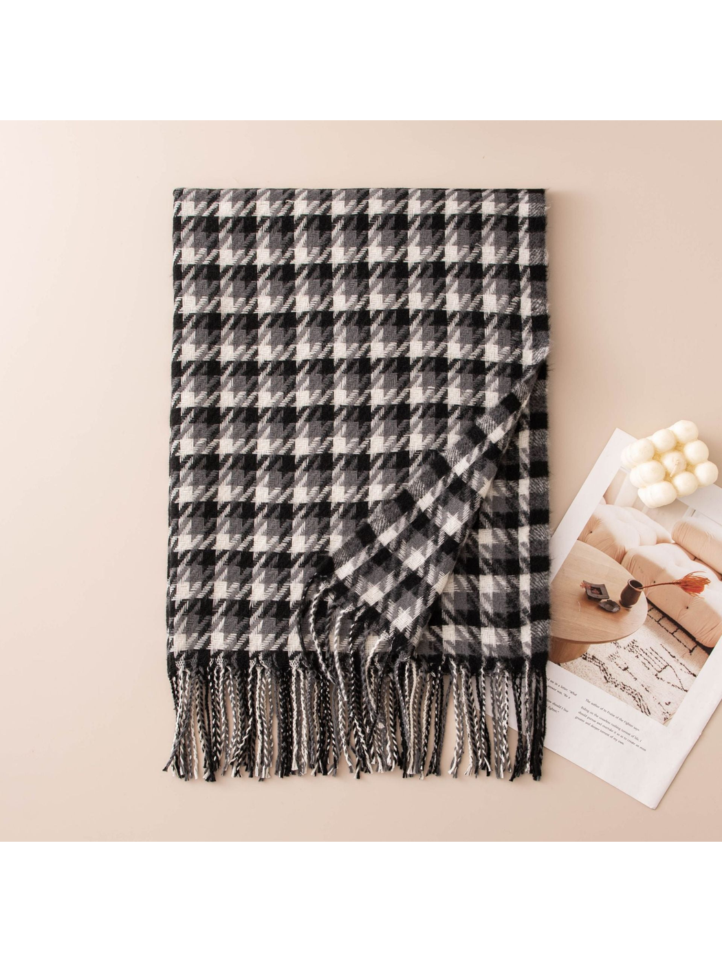 Black, gray and cream houndstooth scarf with twisted fringe