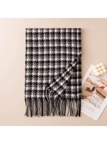 Black, gray and cream houndstooth scarf with twisted fringe