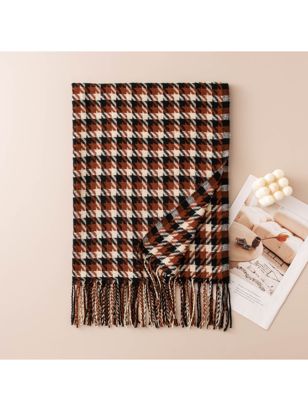 Rust, black and cream houndstooth scarf with twisted fringe
